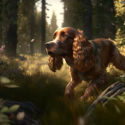 Are cocker spaniels hunting dogs? A brown spaniel running through a green landscape.