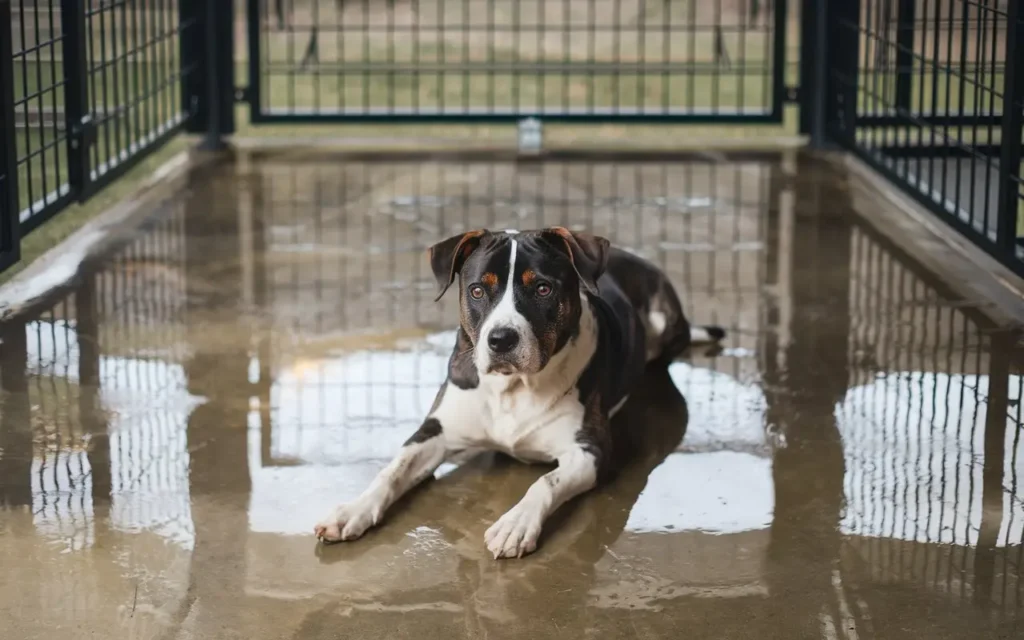 Modern dog kennel with durable epoxy-coated concrete flooring