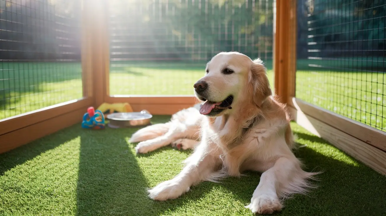 Comfortable outdoor dog kennel with artificial turf flooring