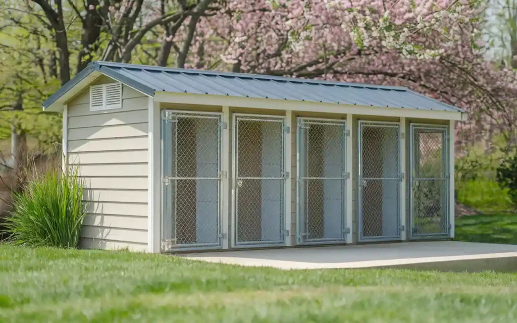 White multi-unit dog kennel with five mesh doors under blooming cherry trees